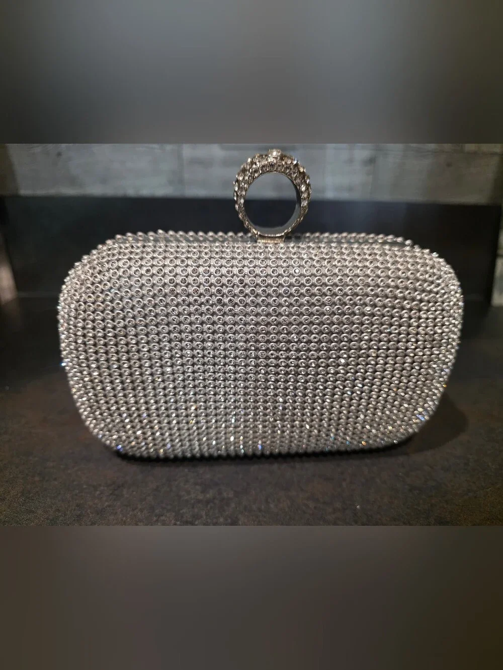 Silver Crystal Evening Clutch Bag with Ring Handle